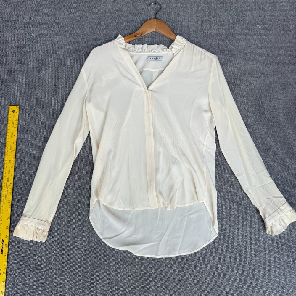 Sandro Paris Shirt Top Women 2 Cream Silk Ruffle Collar Long Sleeve Button Front